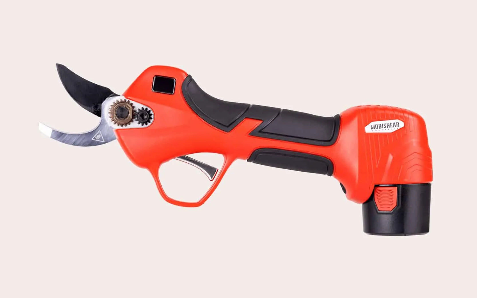 Side view of red Mobishear 12V 23mm lithium ion battery powered electric secateur fitted with stainless steel blades with black 2.5ahr battery inserted