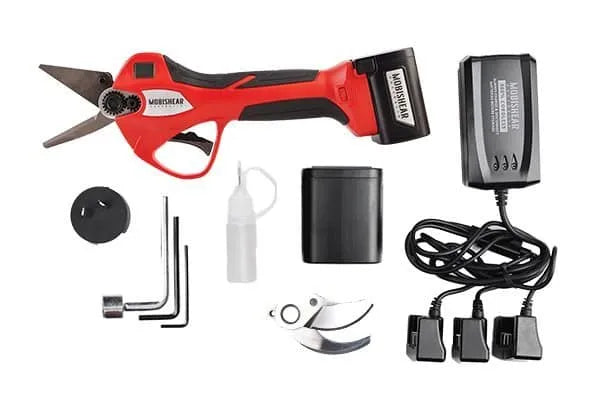 Mobishear 37mm hoof trimming kit with Australian made foot paring blades attached, curved pruning blades, 2 x batteries, battery charger, maintenance tools also featured.