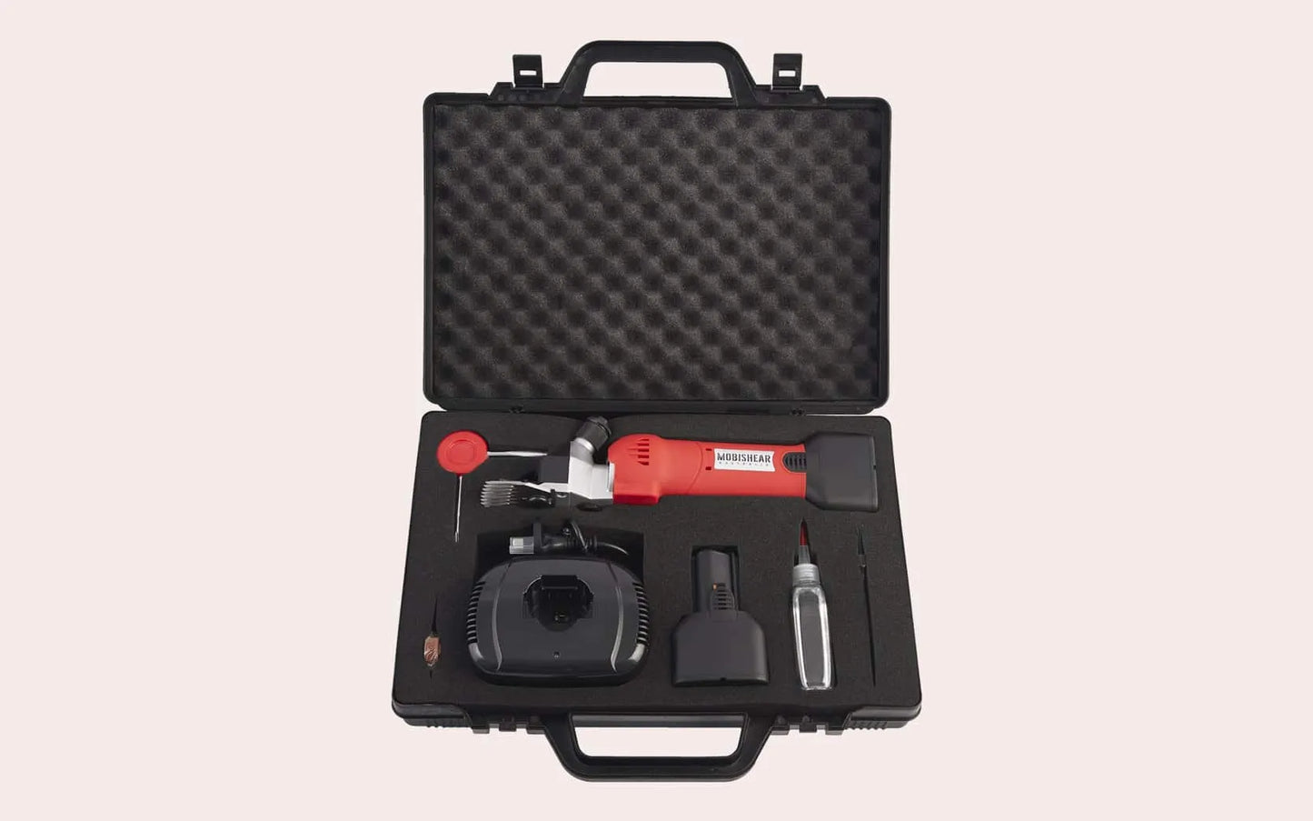 Mobishear Cordless Sheep Shearing Handpiece in carry case with 2 x 5Ah batteries, charger, screwdriver, oil, brush & cog