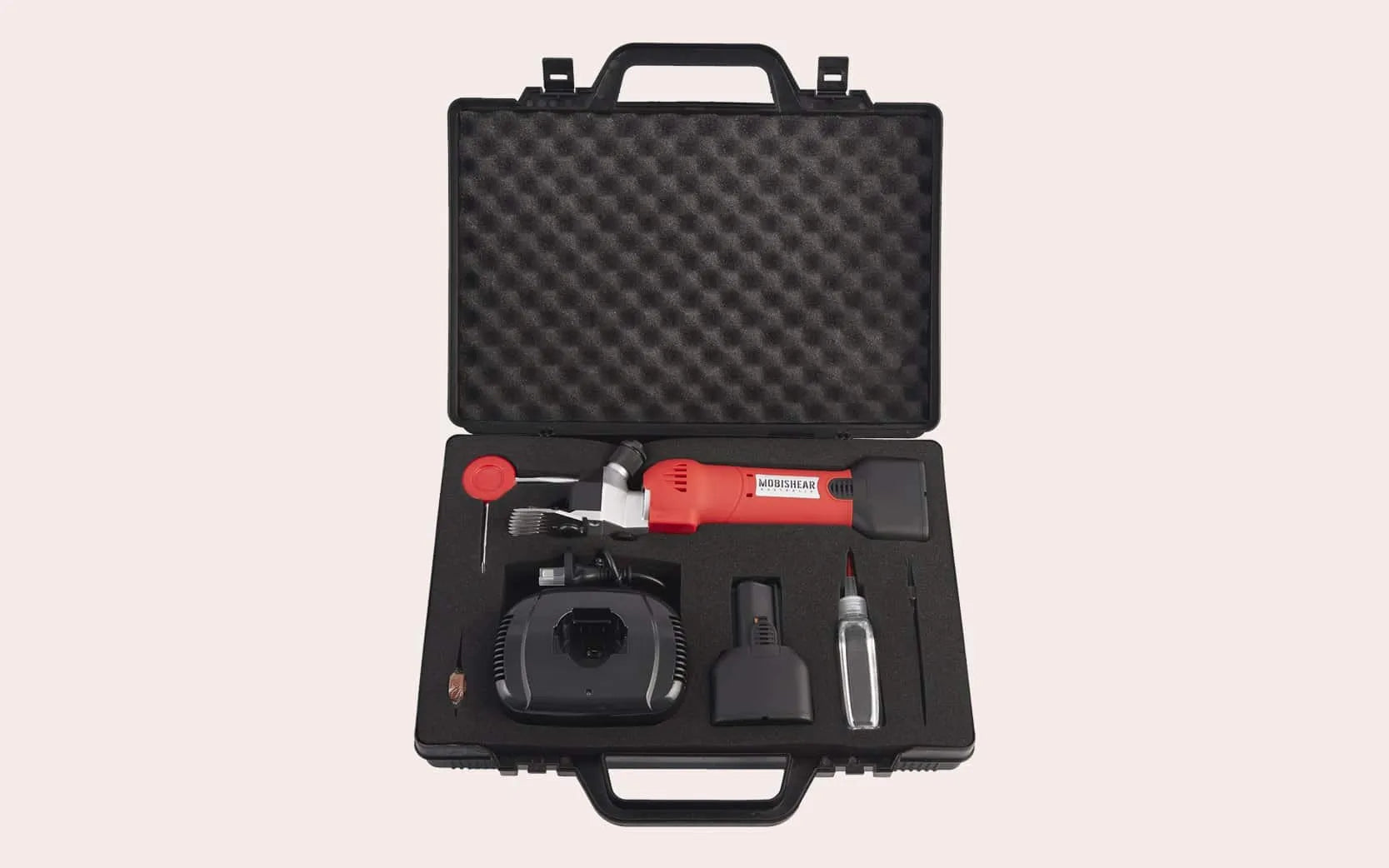 Mobishear Cordless Sheep Shearing Handpiece in carry case with 2 x 5Ah batteries, charger, screwdriver, oil, brush & cog