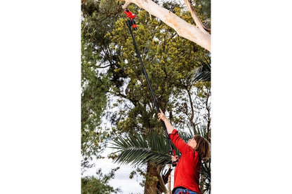 Side view of woman using Mobishear 12V telescopic extension pole with Mobishear 12V chainsaw attached at full extension under Australian eucalyptus tree.