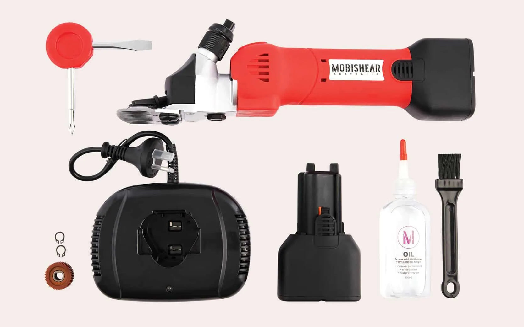 Mobishear Cordless Sheep Shearing Handpiece with 2x 5Ah batteries,  charger, screwdriver, comb & cutter + accessories