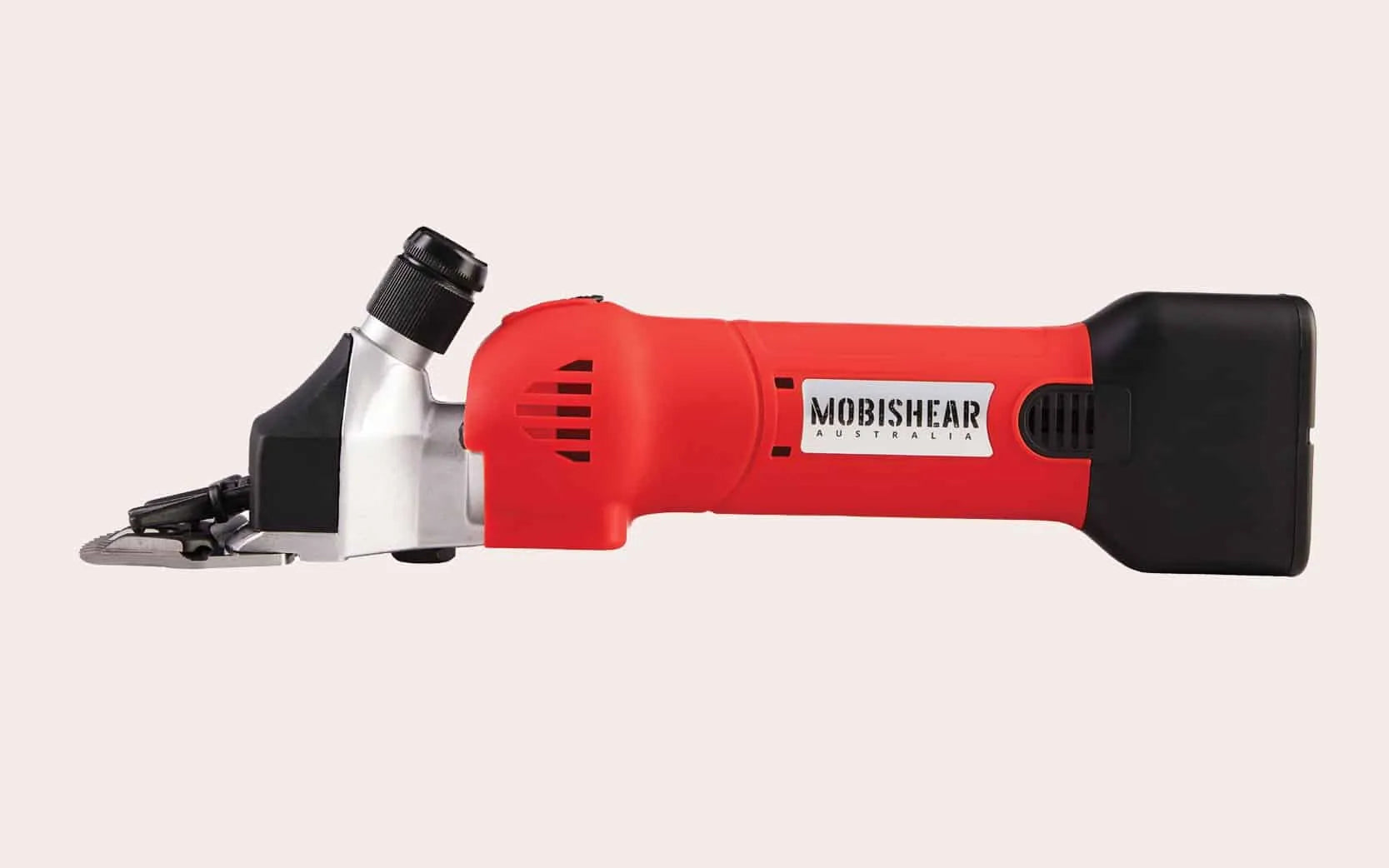 Side view of red Mobishear Cordless Sheep Shearing Handpiece, convex dagging comb & cutter, 5Ah battery attached.